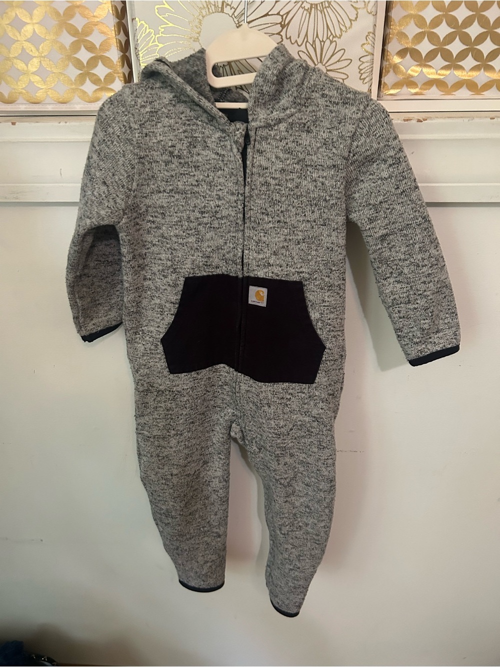 Carhartt Heather Gray Hooded Toddler One-Piece with Black Pocket